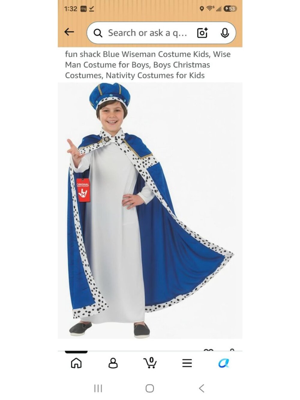 Fun Shack Kids Blue Wiseman Costume With Robe Cape & Hat Nativity Outfit Size S